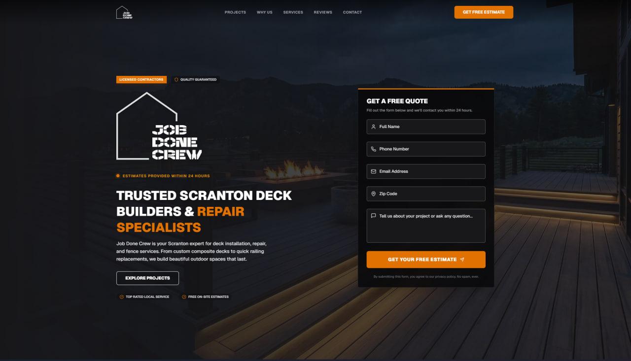 Job Done Crew deck builder website showing modern design, project galleries, and quote form