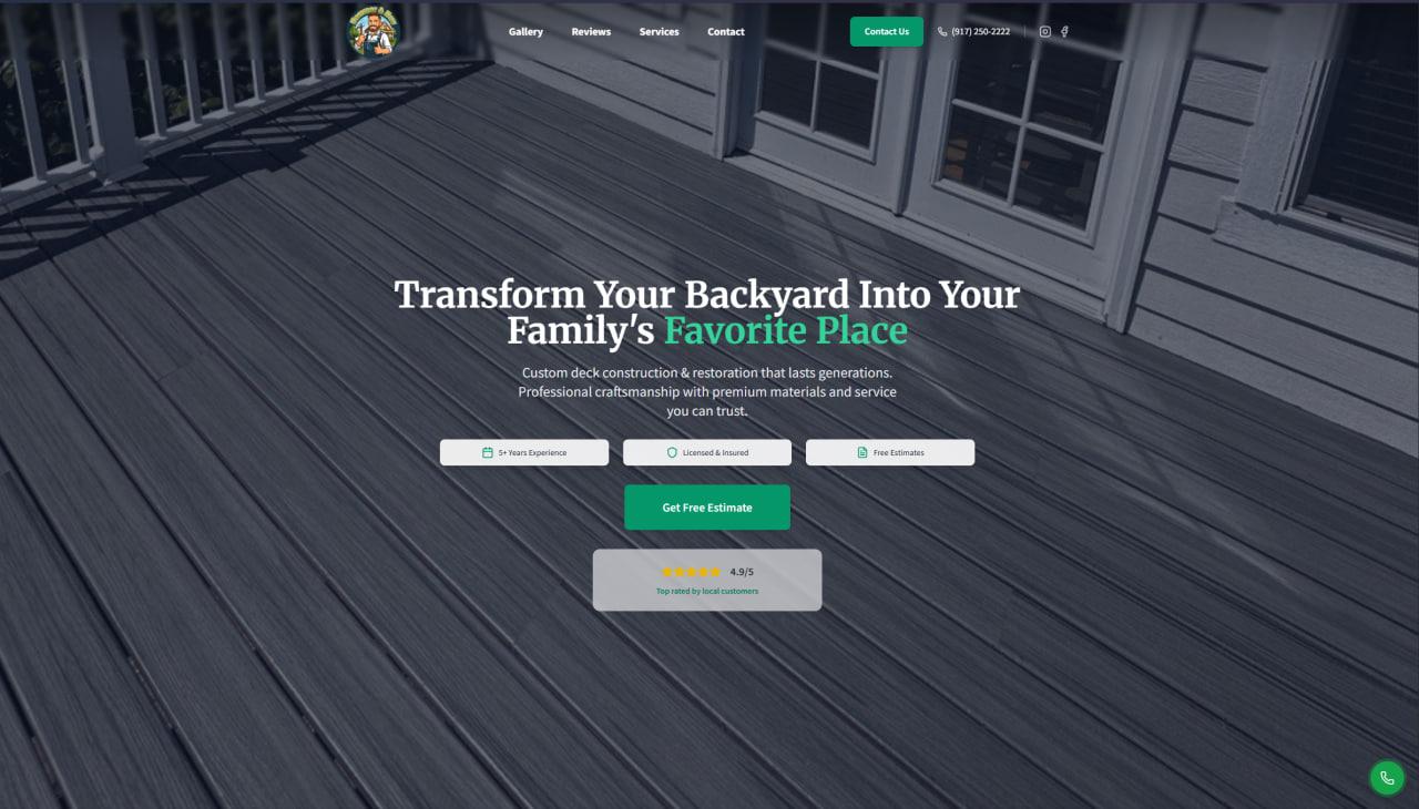 Deck builder website project showing modern responsive design and SEO optimization results